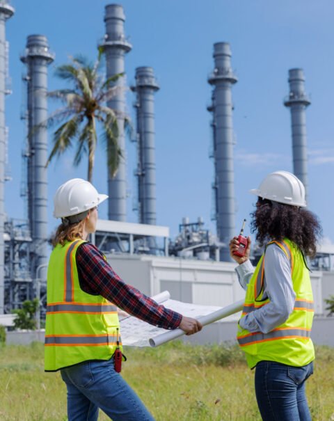 Two engineers wearing helmets and reflective vests discuss blueprints while standing near an industrial power plant. The scene highlights teamwork, safety, planning, and collaboration in engineering projects.