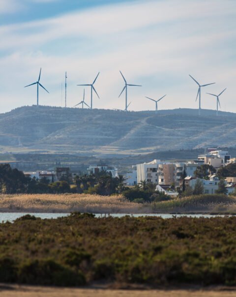 Wind mills in Cyprus. Sustainability concept. Landscape with a lake. Larnaca, Cyprus
