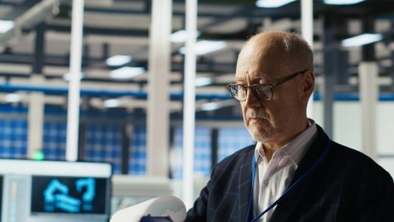 Portrait of smiling industrial plant shareholder conducting research on potential investment opportunities. Cheerful factory investor visiting facility to do market analysis, identifying trends, camera B