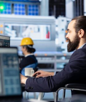 Photovoltaics factory engineer looking at PC screen, adjusting system parameters Photovoltaics factory engineer looking at PC screen, adjusting system parameters. Technician optimizing energy supply in solar panel manufacturing plant using computer monitor