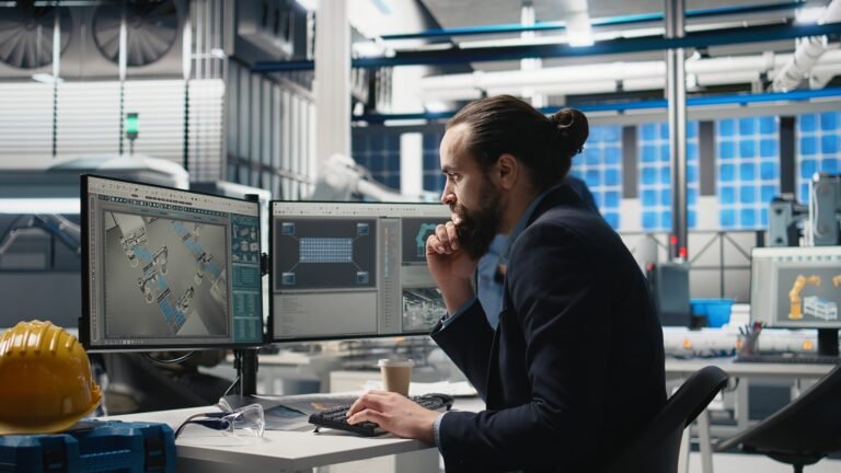Professional consultant reviewing solar power quality in a factory, reviewing data reports and insight for seamless production line and sustainable solar energy. Photovoltaics industry. Camera A.