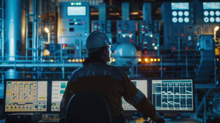 A worker oversees multiple data screens in a control room at a high-tech industrial facility during the night shift.